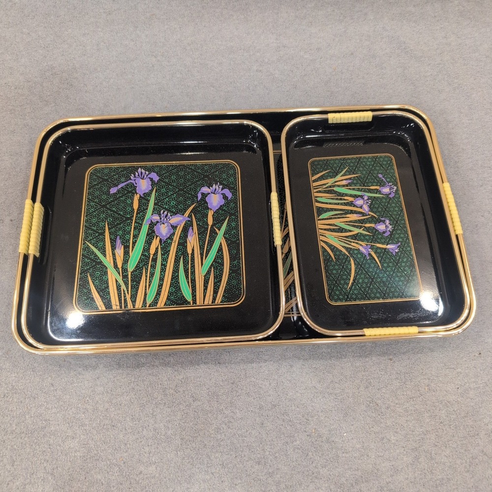 Vintage Japanese Style Black Lacquer Nesting Serving Trays Purple Iris Set of 3 - Picture 2 of 9
